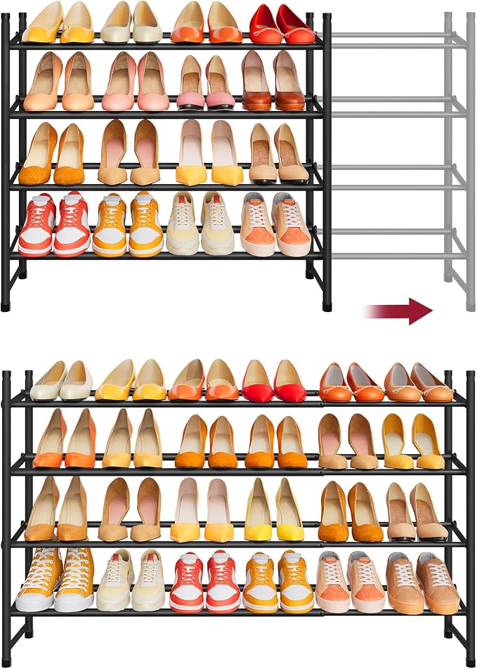 Expandable Shoe Rack for Closet 4 Tier, 28“-41“Stackable, Black | Adjustable Shoe Organizer Closet Shoe Rack Floor, Metal Shoe Shelf Storage for Entryway, Closet, Garage, Front Door Entrance