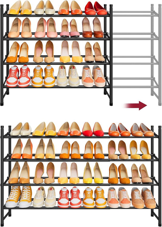Expandable Shoe Rack for Closet 4 Tier, 28“-41“Stackable, Black | Adjustable Shoe Organizer Closet Shoe Rack Floor, Metal Shoe Shelf Storage for Entryway, Closet, Garage, Front Door Entrance