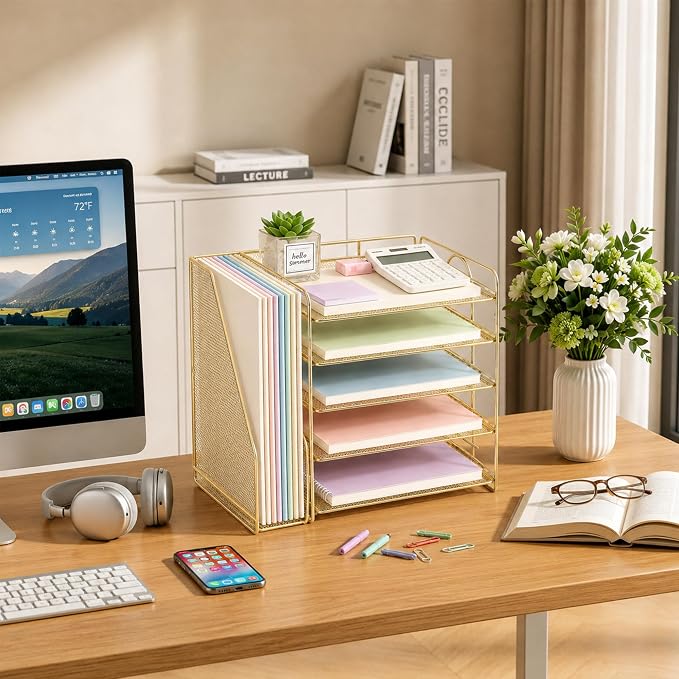 OPNICE Desk Organizer, 5-Tier Paper Organizer Letter Tray with Magazine Holder, Office Desk Accessories & Workspace Organizers, Desktop File Organizer for Office Supplies Storage, Gold