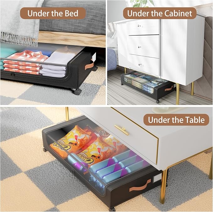 Under Bed Storage with Wheels, UnderBed Storage Containers with Clear Lid and Handles, XXL 60L Under the Bed Storage Bins Drawers for Clothes,Blankets,Shoes,Books (BLACK, 4 PACK)