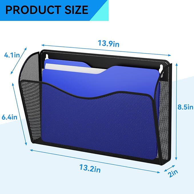 Single Pocket Wall File Holder, Mesh Hanging File Folder Paper Organizer, Vertical Wall Mounted Mail Basket, Storage Organization Magazine Rack for Office, Home and School, Black