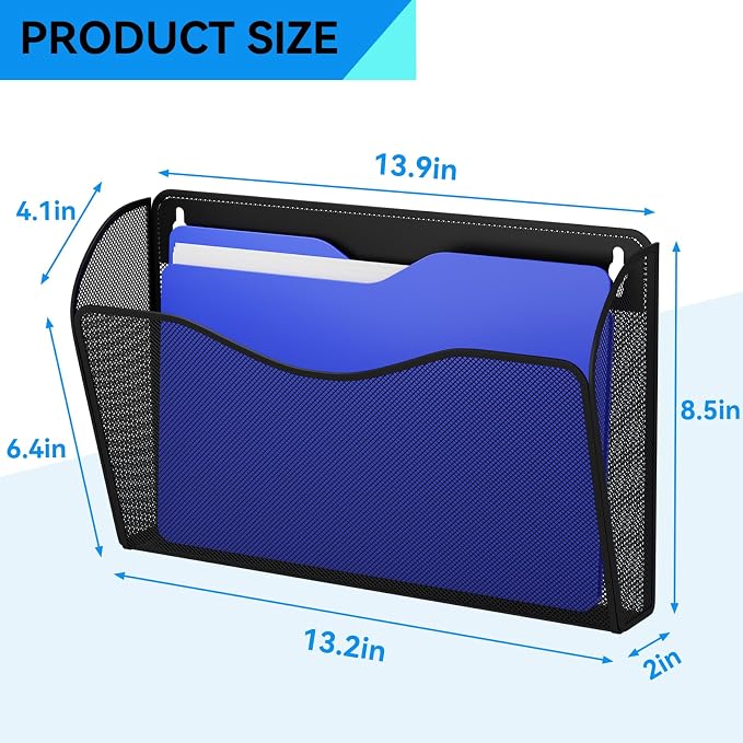 3 Single Pocket Wall File Holder, Mesh Hanging File Folder Paper Organizer, Vertical Wall Mounted Mail Basket, Storage Organization Magazine Rack for Office, Home and School, Black