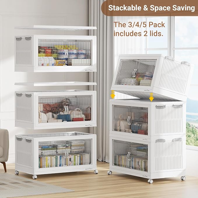 BROVIEW 800 Qt Extra Large Stackable Storage Bins with Lid, Plastic Closet Organizer and Storages Drawer, Collapsible Storage Box with Wheel, Folding Storage Cabinet for Closet Organizing, 4Pack White