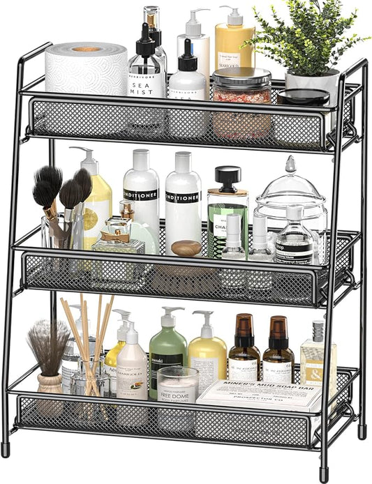 EKNITEY Bathroom Countertop Organizer Rack - 3 Tier Counter Spice Rack | Metal, Non-Slip Base, Makeup Rack, Small Coffee Station Organizer, for Sink Bedroom Kitchen Living room