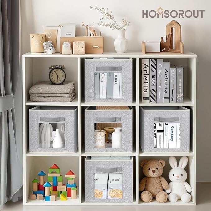 Linen Closet Organizers and Storage - 6 Pack Cube Storage Bins with Handle, Fabric Storage Bins for Shelves, 11 inch Bins for Organization, Cubes Organizer for Home, Blended