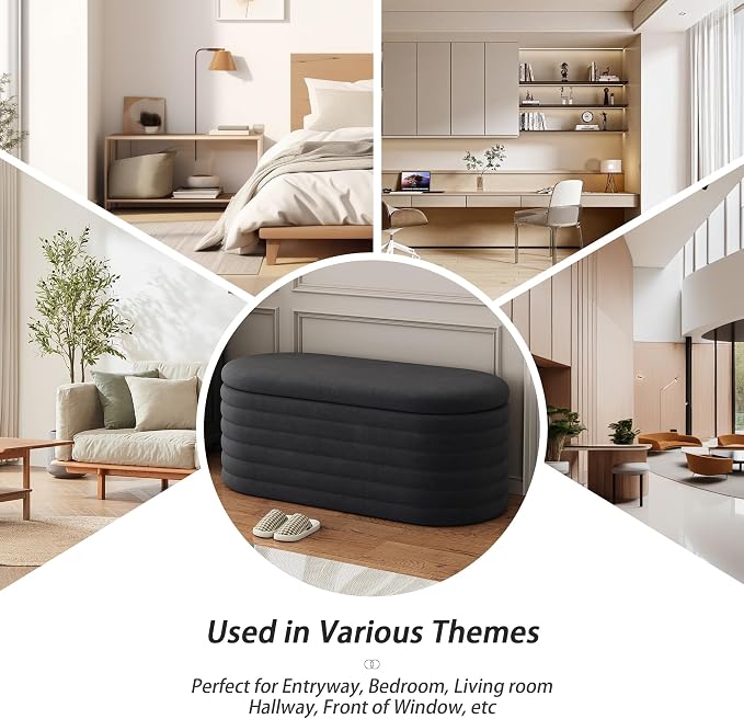 Ball & Cast Storage Ottoman Bench, 40" Chenille Upholstered Storage Bench for Bedroom End of Bed,Oval Ottoman with Storage,Entryway Bench with Safty Hinges for Living Room,Black