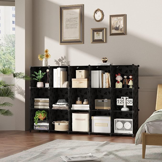 UNKU 16 Cube Storage Organizer,Closet Organizer Storage Shelves,Black | DIY Stackable Bookcase, Clothes Organizer Shelf for Closet, Bedroom, Living Room, Cabinet, Home, Office