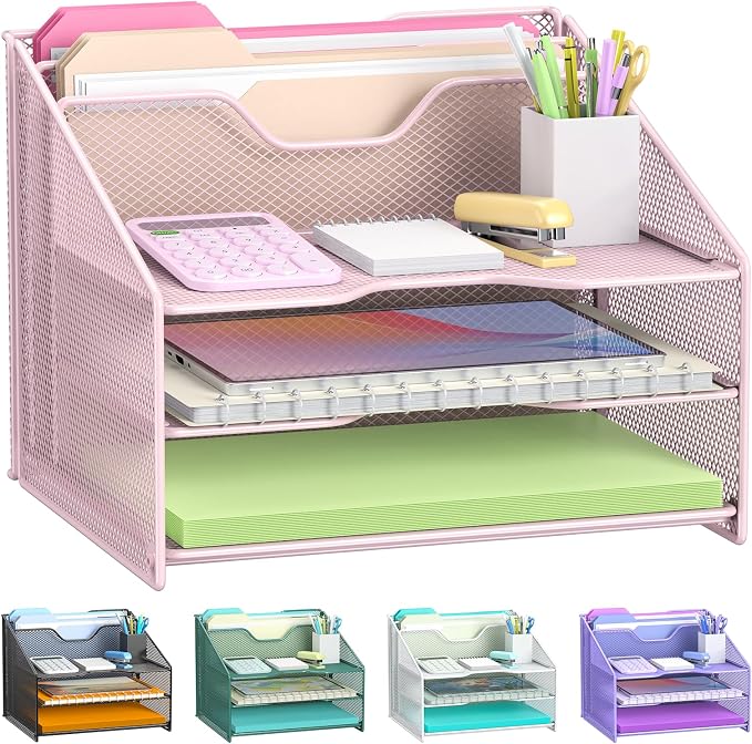 Samstar Pink Desk File Organizer, Mesh Letter File Folder Holder with 3 Paper Trays and 2 Vertical Upright Section, for Office Supplies, Desk Accessories & Workspace, Pink