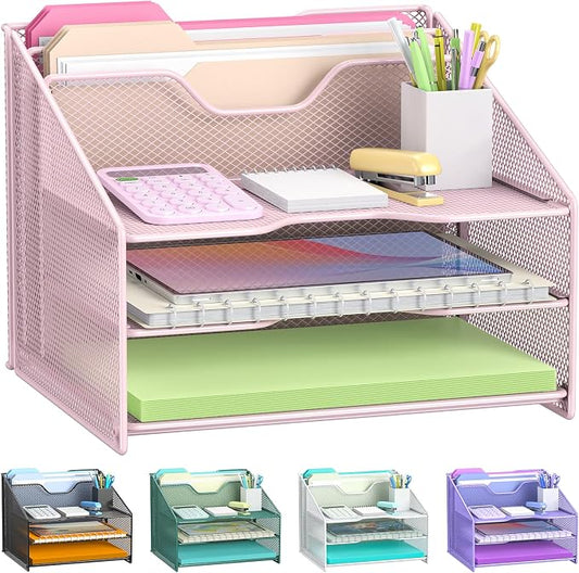 Samstar Pink Desk File Organizer, Mesh Letter File Folder Holder with 3 Paper Trays and 2 Vertical Upright Section, for Office Supplies, Desk Accessories & Workspace, Pink