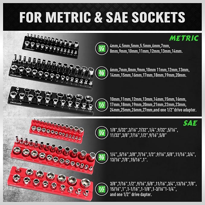 6-piece Magnetic Socket Organizer Set, Metric & SAE Drive Socket Holder, Includes 1/4", 3/8", 1/2", Holds 143 Pieces Magnetic Trays Red Black