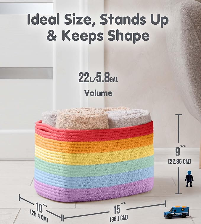 CHAT BLANC Cotton Rope Baskets for Organizing, Shelves, Toys, Storage, Shoe, Bathroom, Laundry, Towel, Nursery, Home Decor, Blanket, Cloth Woven Bins Fabric (Rainbow, 15"x10"x9")