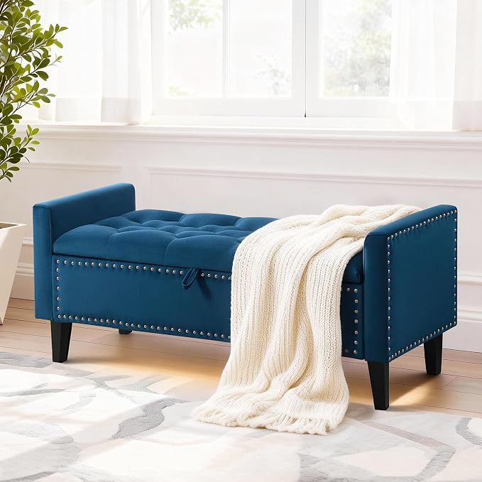 47in Velvet Storage Ottoman Bench with Arms, Upholstered Storage Bench with Wooden Legs, Storage Bench for Bedroom, Living Room, Entryway, Dark Blue
