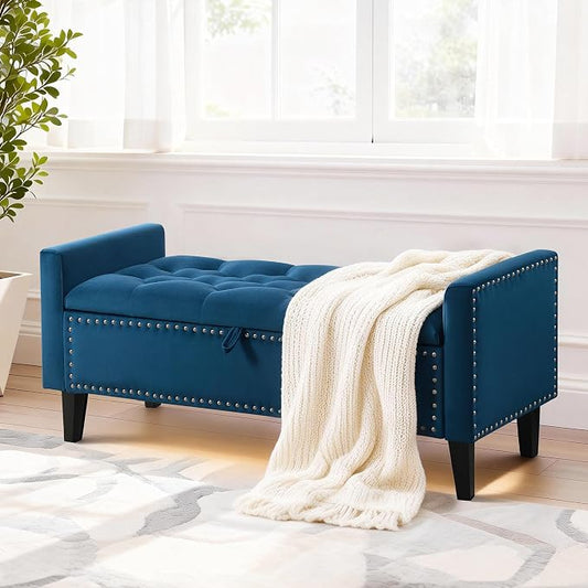 47in Velvet Storage Ottoman Bench with Arms, Upholstered Storage Bench with Wooden Legs, Storage Bench for Bedroom, Living Room, Entryway, Dark Blue