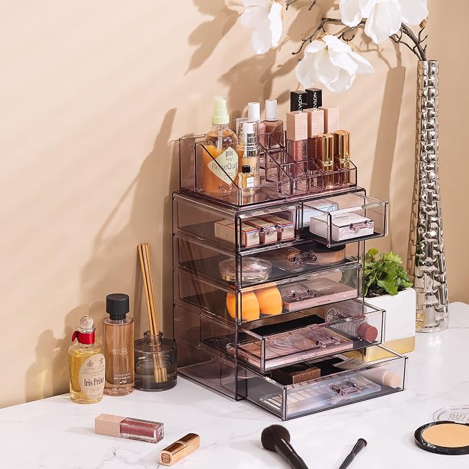 Sorbus Acrylic Makeup Organizer Set, 6-Drawer Vanity & Countertop Cosmetic Storage with Small & Wide Compartments, Purple Makeup Storage for Brushes, Jewelry – Holiday Gift for Women & Teens