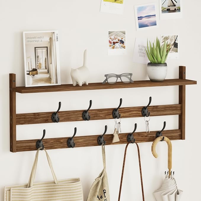 AMBIRD Coat Rack Wall Mount with Shelf, 29" Coat Hooks Wall Mounted with 9 Metal Hooks for Entryway, Bathroom, Bedroom, Living Room, Kitchen, 2 Tier Wall Hooks for Clothes, Hat, Towel, Key, Purse