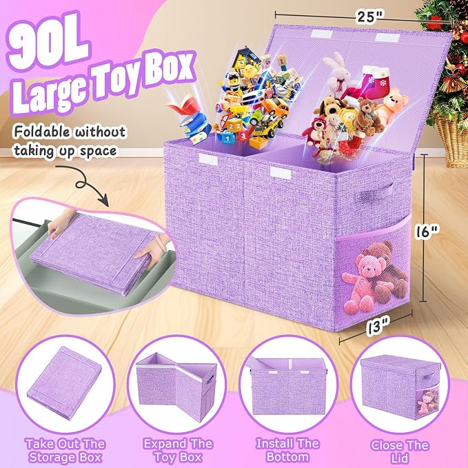 Large Toy Storage Box with Lid, Dividers, Collapsible Kids Toy Chest Purple | Toy Box for Boys, Girls, Nursery, Bedroom, Living Room, Playroom, 25 x 13 x 16 inches