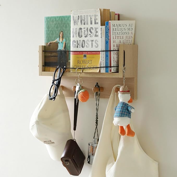 Entrance Coat Rack ，Coat Hooks, Wall-Mounted Wooden Hook Rack, Wall-Mounted Shelves are Very Suitable (Oak Color Finish-B-1)