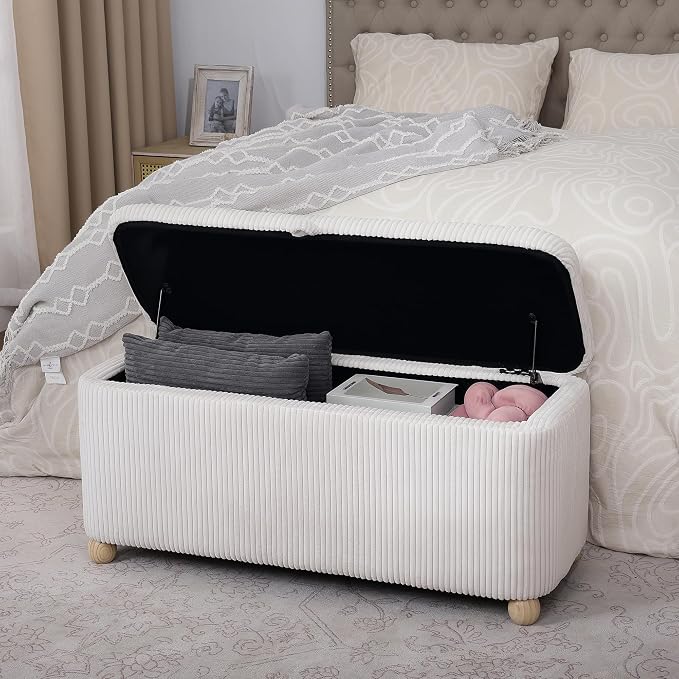 Homebeez 39” Corduroy Storage Ottoman Bench with Hinged Lid & Handle | End of Bed Storage Bench with Wood Ball Legs, for Kids Room, Bedroom, Entryway & Living Room, (White)