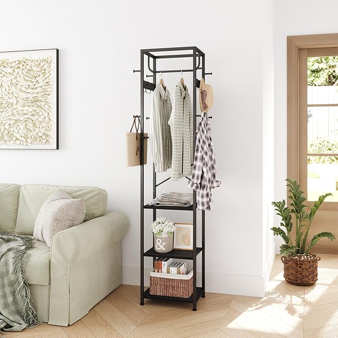 ELYKEN Coat Rack Freestanding, Hall Tree with 3 Shelves and 12 Hooks, Black | Industrial Metal Frame, Space-Saving Design, Clothes Rack Stand Organizer for Bedroom, Hallway, Entryway, Office, Living Room