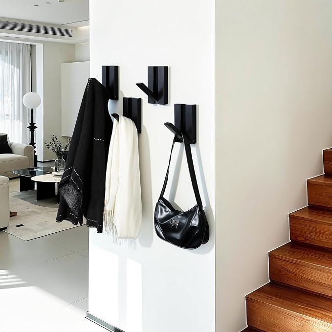 Wood Wall Hooks for Entryway: 4Pack Folding Black Modern Coat Hooks | Heavy Duty Hanger for Hanging Towels Backpack Bags Jackets - Space Saving Minimalist Design for Aesthetic Homeowners