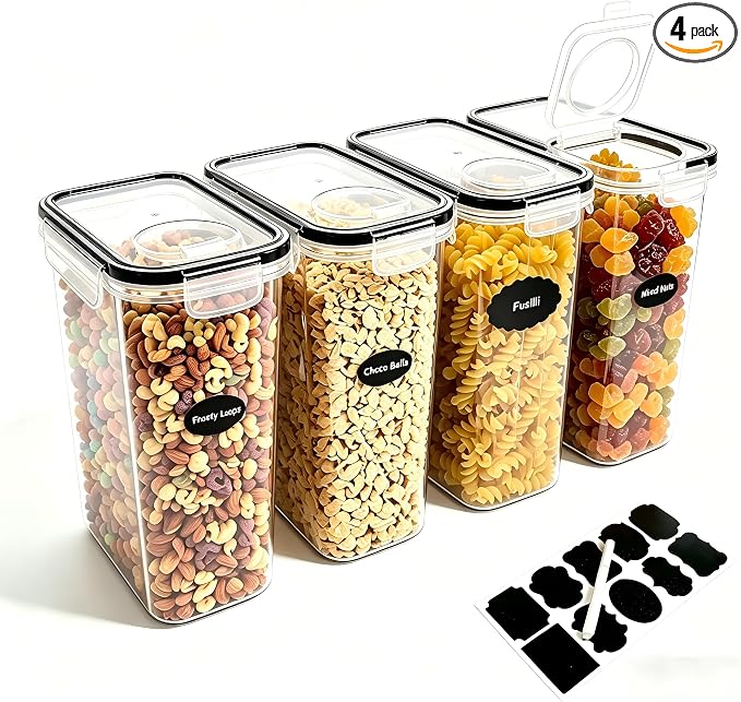 4pcs 4L Airtight Plastic Canisters, Kitchen Pantry Dry Food Storage | 4pk 4L airtight canisters, tight sealed lids lock out moisture. Premium plastic, stackable for all kitchen dry foods