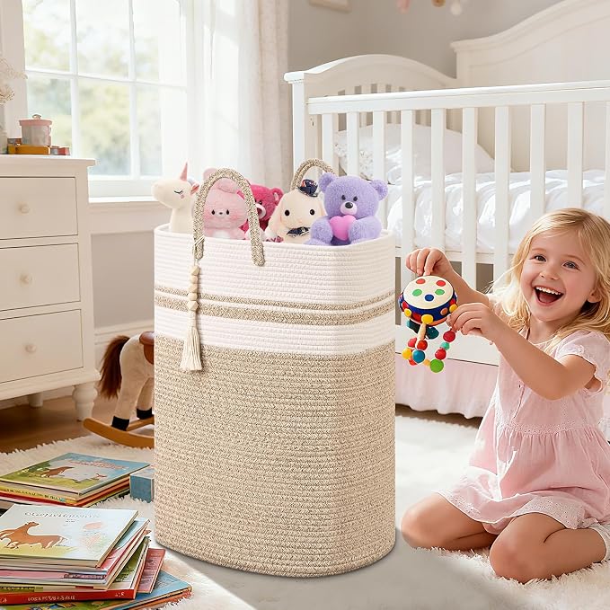 Woven Laundry Basket for Clothes, 65L Large Rectangle Laundry Hampers, Nursery Storage Basket for Toys, Tall Dirty Clothes Hamper for Bedroom Aesthetic, Bathroom, Laundry Room