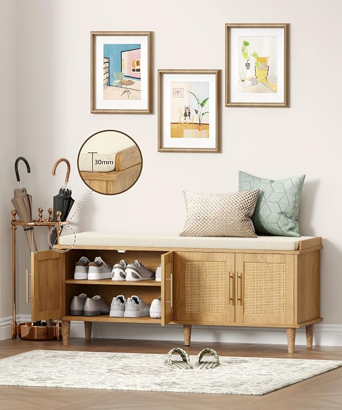 Akxomel 47.2" Rattan Shoe Storage Bench 4 Doors Wooden Entryway Bench Oak | 2 Tier Shoe Bench with Padded Cushion, Adjustable Shelves and 4 Doors, Solid Wood Legs, for Hallway, Living Room, Bedroom