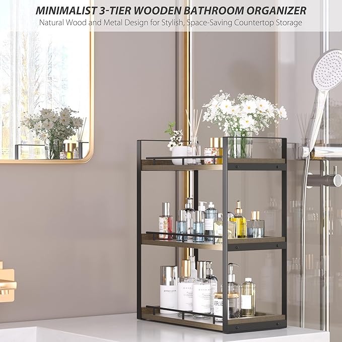 Bathroom Counter Organizer, 3 Tier Wood Countertop Shelf | for Vanity, Skincare, Makeup, Coffee Storage, Wood Shelves, Durable Metal Bracket, for Bathroom Sink, Kitchen (Deep Brown)