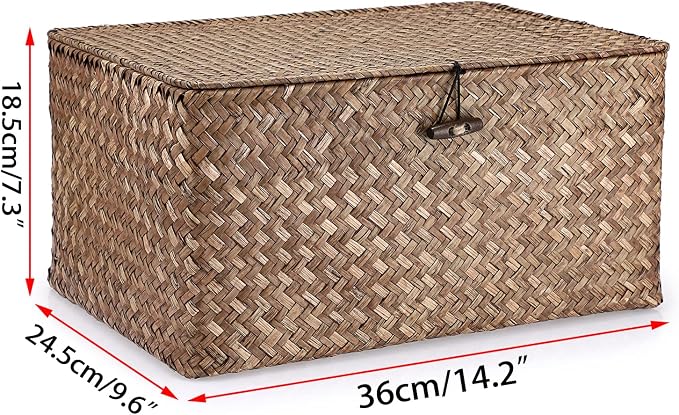 Hipiwe Wicker Shelf Baskets Bin with Lid Large Handwoven Basket Box, Coffee | Natural Seagrass Storage Baskets, Rectangular Household Basket Boxes for Shelf Wardrobe Home Organizer