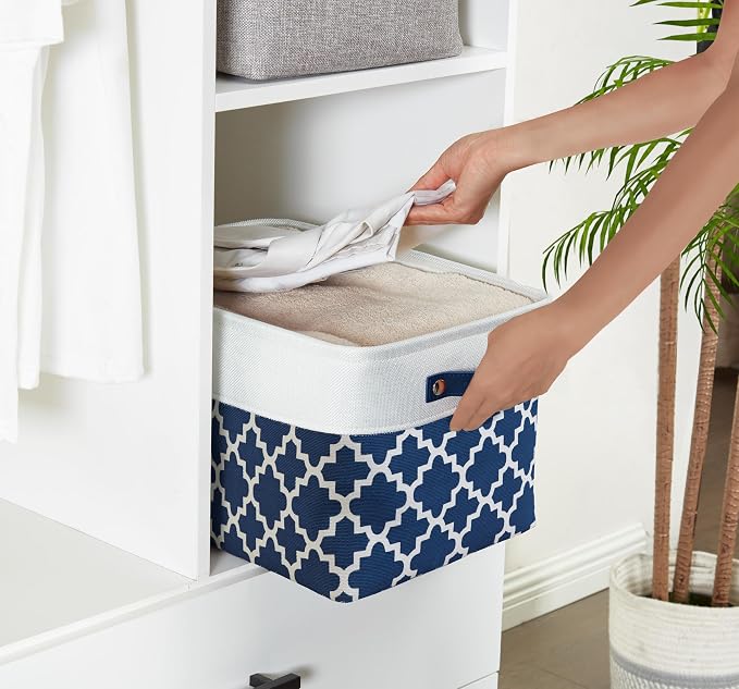 DECOMOMO Storage Bins, Fabric Storage Baskets for Shelves | 3 Pack Linen Closet Organizers for Toys and Nursery (Large, Blue Patterns)