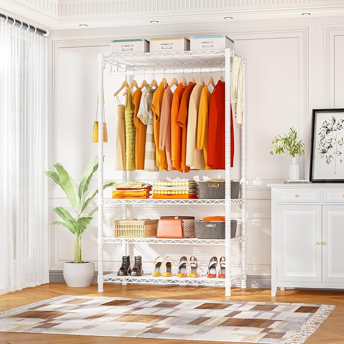 Ulif H4 Portable Closets, 4-Tier Metal Clothes Garment Rack for Bedroom and Cloakroom, Clothing Closet Storage and Organizer Wardrobe, 35.4" W x 14" D x 76.4" H, White | Freestanding Clothing Closet Storage and Organizer Wardrobe for Apartment and Cloa...