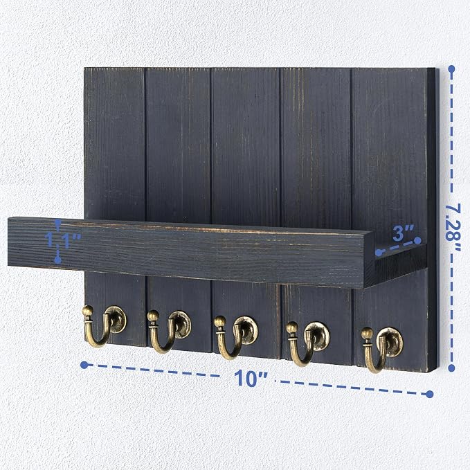 Rebee Vision Key Holder Wall Mount with Shelf for Room Decor, Royal Blue | 3.54 x 10 x 7.28 Inches, Solid Pine Wood, Farmhouse Key Holder for Wall, Mail Organizer, Apartment Storage, Decorative Accent