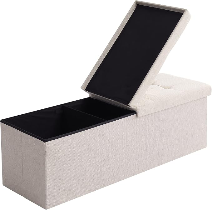 Shoe Storage Ottoman Foldable Seat Footrest Tufted Bench End of Bed Storage with Flipping Lid, 166L Storage Upholstered , Linen Fabric Beige, 45.3 Inches