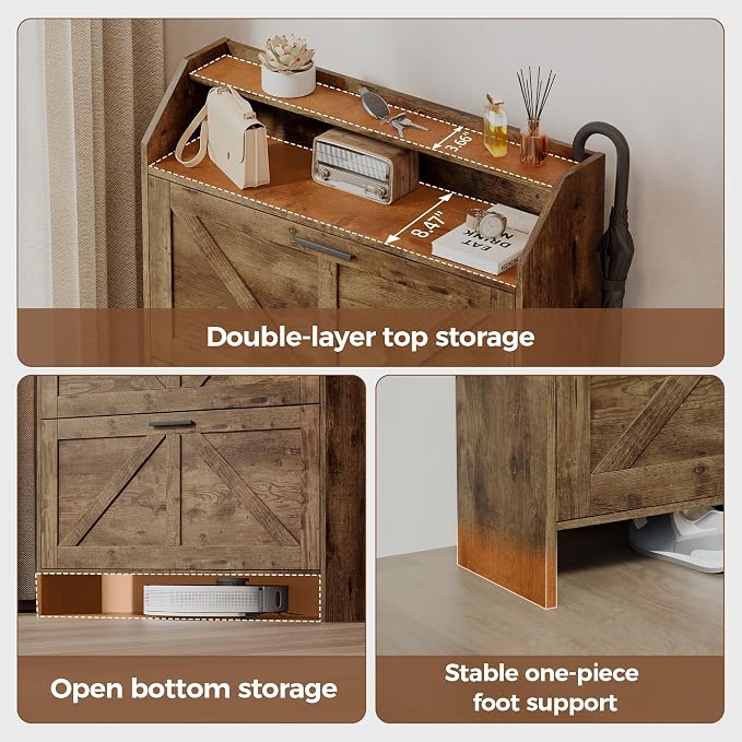 Farmhouse Shoe Cabinet with 2 Flip Drawers, Shoes Storage Cabinet, Freestanding Shoe Rack Organizer for Entryway, Rustic Brown