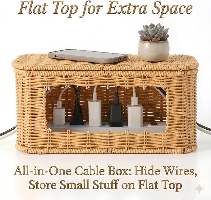 Rattan Cable Management Box, Cord Organizer to Hide Cords & Power Strip | Metal framed handwoven rattan, ventilated to dissipate heat. Octagonal design & dual rear cable slots, boho home office decor