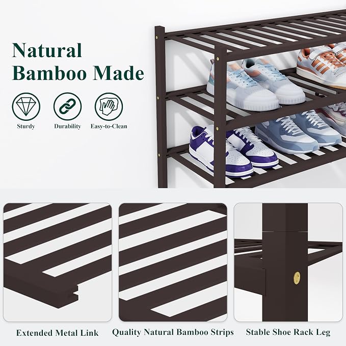 Smiry Bamboo Shoe Rack, 14 Vertical Slats, 6 Tier - 26.8" Wide, Brown | Stackable Free Standing Wooden Shoe Organizer, Wood Shoe Storage Shelf for Closet, Entryway, Thicher Leg