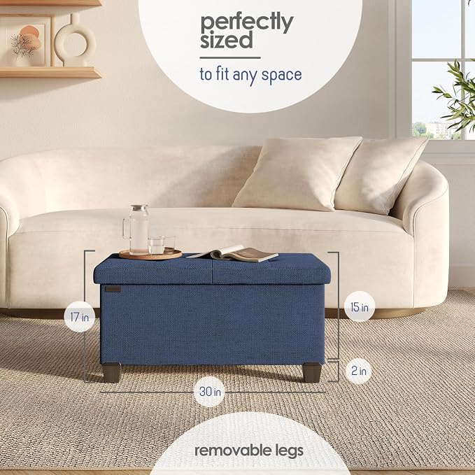 Storage Ottoman Bench with Bins, 30-in Storage Bench for Bedroom End of Bed, Folding Foot Rest Ottoman for Living Room Max 660lbs, Fabric Ottomans, Blue