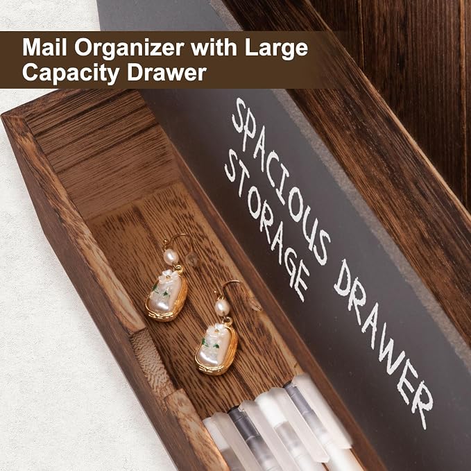 Mail and Key Holder Wall Mount with Storage Drawer & Chalkboard Panel | Modern Wooden Mail Organizer for Wall Entryway, 7 key hooks, Stylish Home Decor for Apartments, Living Room, Office