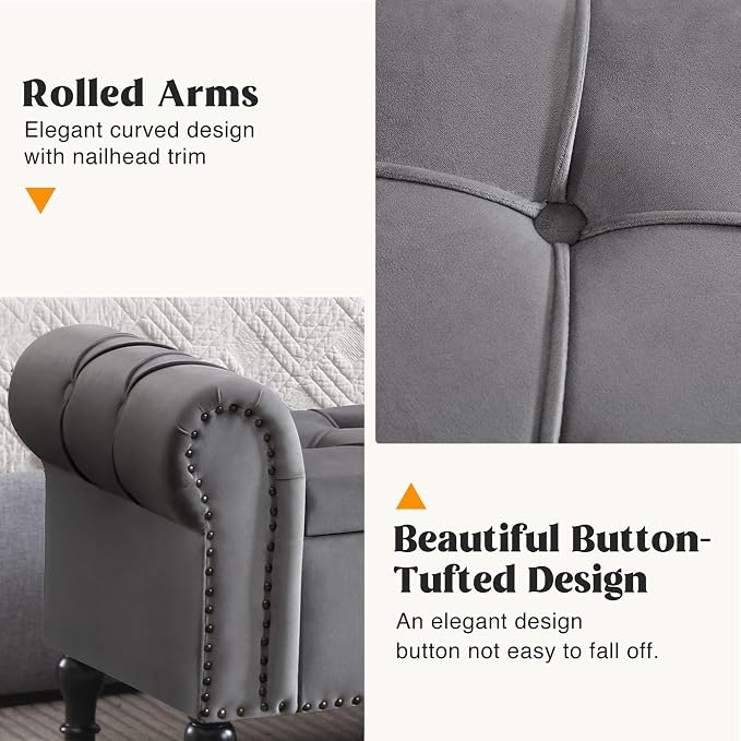 Velvet Storage Bench 67 Inch Upholstered Tufted Ottoman Bench with Rolled Arms Large Storage Space King Size End of Bed Bench for Bedroom Living Room Entryway Grey