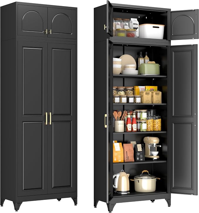 90" Tall Metal Kitchen Pantry Storage Cabinet with Doors | Black Freestanding Heavy Duty Steel Cupboard, 5 Adjustable Shelves,Extra Large Organizer for Home and Garage (2 Boxes)