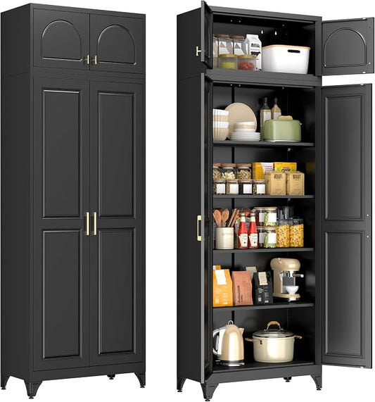 90" Tall Metal Kitchen Pantry Storage Cabinet with Doors | Black Freestanding Heavy Duty Steel Cupboard, 5 Adjustable Shelves,Extra Large Organizer for Home and Garage (2 Boxes)