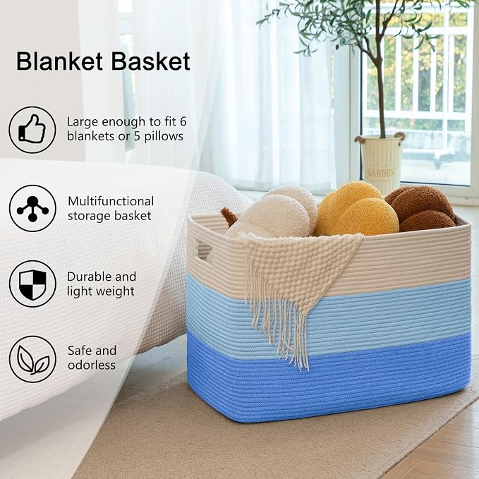 OIAHOMY 108L Super Large Blanket Basket, 25”x16”x16” Rectangle Woven Baskets for Storage, Cotton Rope Basket For Living Room, Toy Storage with Handle - Gradient Light Blue