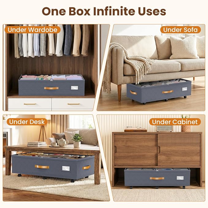 Budding Joy 80L 2 Pack Adjustable Under Bed Storage Containers with Wheels | Rolling shoe storage organizer with clear lids and label for dorm home clothes, blankets, toys, easy to install, grey