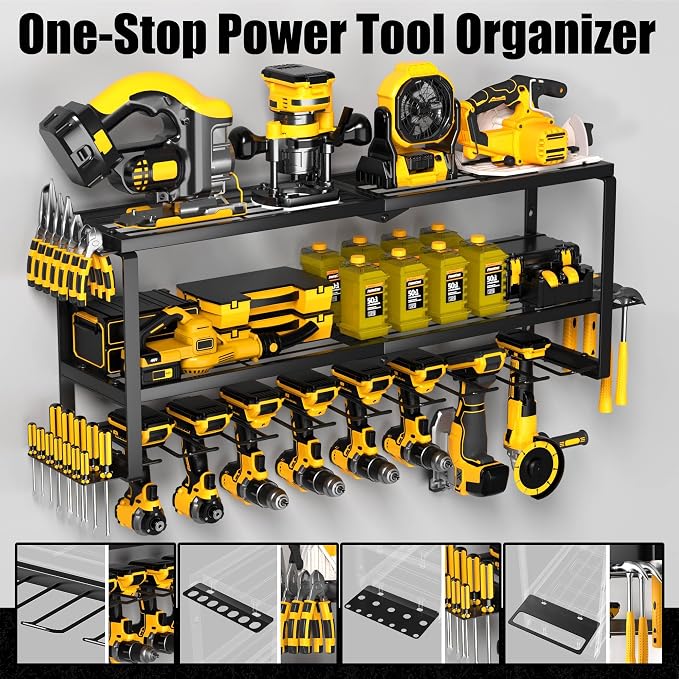 Heavy Duty Power Tool Organizer Wall Mount, Metal Tool Storage Rack Loads 320lbs, 8 Cordless Drill Holder 3 Layer for Garage, Workshop, Tool Room, Gift for Men