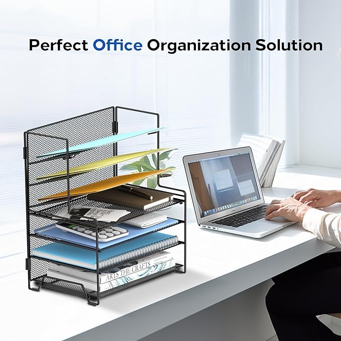 7 Tier Desk File Organizer with Letter Trays and File Holders Black | 7 Tier Metal Mesh Paper Organizer for Desk with Letter Trays and File Holders for Papers, Folders and Office Supplies