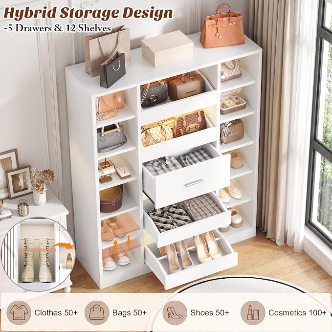 Besiost Shoe Cabinet with 12 Shelves & 5 Drawers, Wood Shoe Rack with Light | Holds Up to 30+ Pairs of Shoes, Vertical 40" W Shoe Storage Cabinet for Entryway, Hallway, Walk-In Closets, White