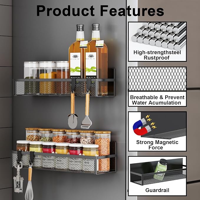 Aufworld Magnetic Spice Rack for Refrigerator, 6 Pack Magnetic Shelf, Fridge Magnet Organizer with Moveable 12 Hooks, Magnetic Fridge Shelf for Kitchen Organization and Storage (6 Pack)