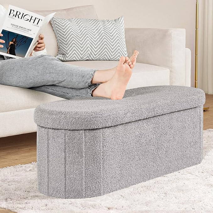 PINPLUS Storage Ottoman Bench Tufted Folding Ottomans Bench Foot Rest, Chest Box Velvet Bench with Storage, 43"x15"x15" (Grey)