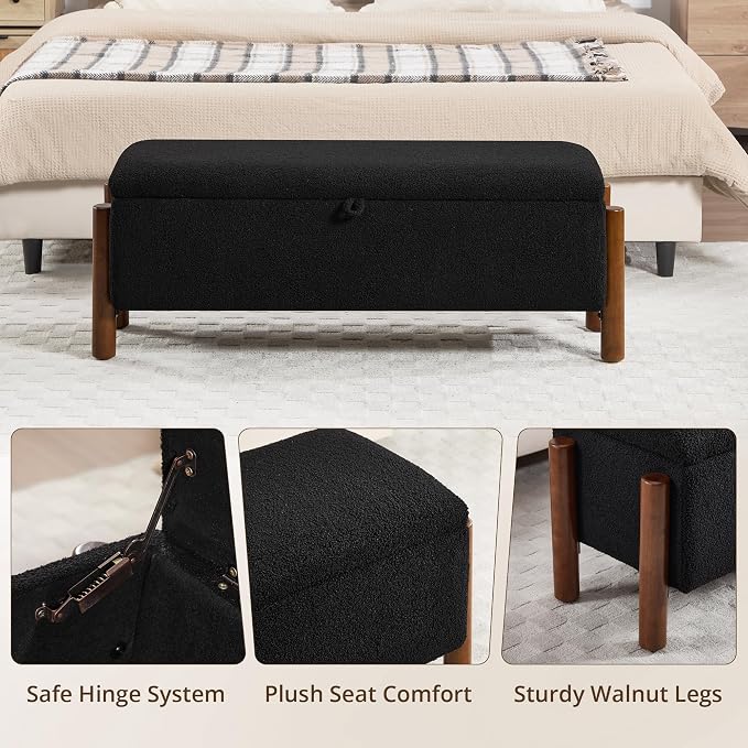 55'' Modern Storage Ottoman Benches | Walnut Wood Legs 26 Gallons Storage Space Fabric Upholstered Seating End of Bed for Bedroom for Livingroom Black