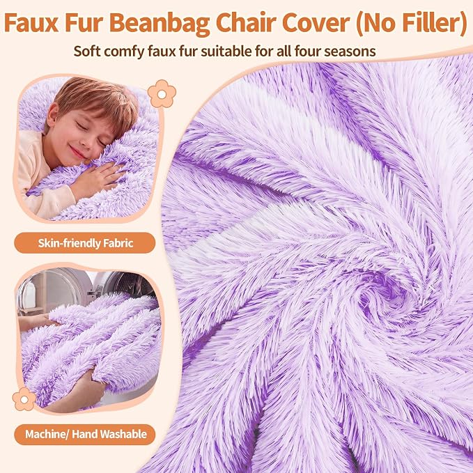 Stuffed Animal Storage Bean Bag Chair Cover, Soft Bean Bag Cover | Fluffy Faux Fur Stuffed Animal Storage Chair, Non-Slip Bottom, Fill with Plush Toys or Blankets, for Kids Teens Adults Girls